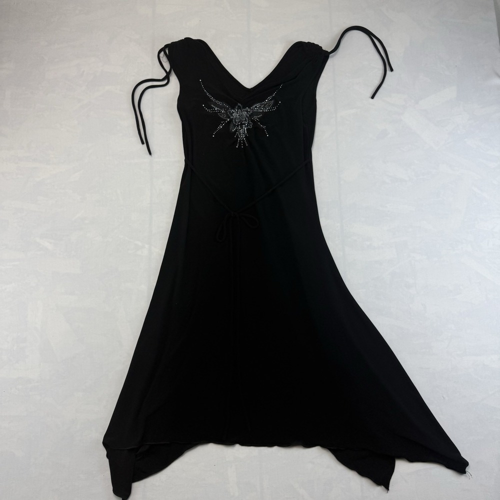 YS USA Black Dress Small Beaded Embellished V Neck Handkerchief Hem